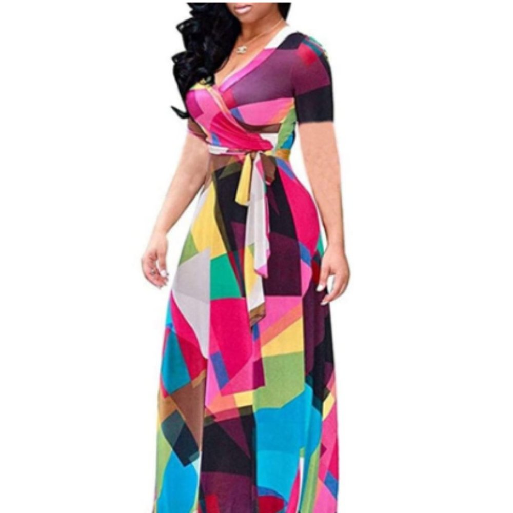 African Floral Printed A-short Sleeve Purple Red